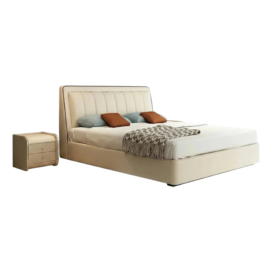 Modern Cream Leather Upholstered Bed Frame With Nightstand