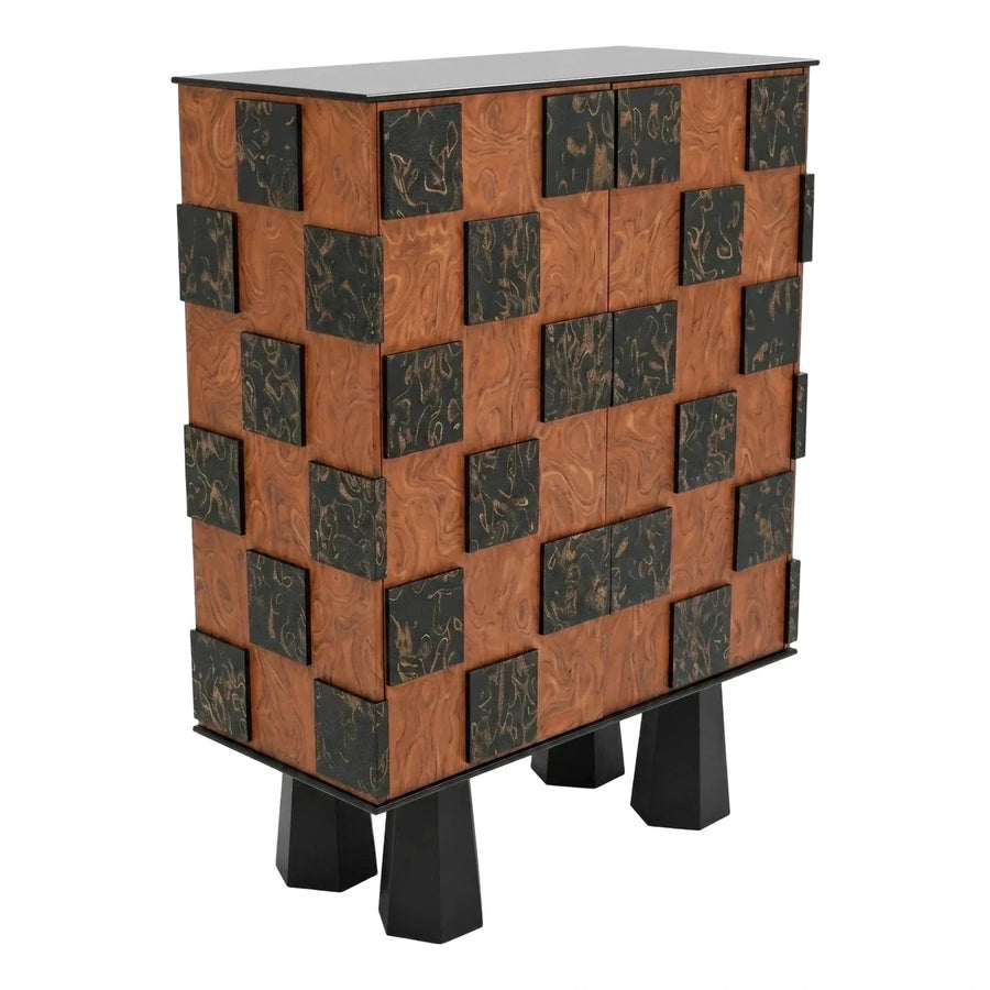 Contemporary Wood Cabinet with Black Gold Square Accents