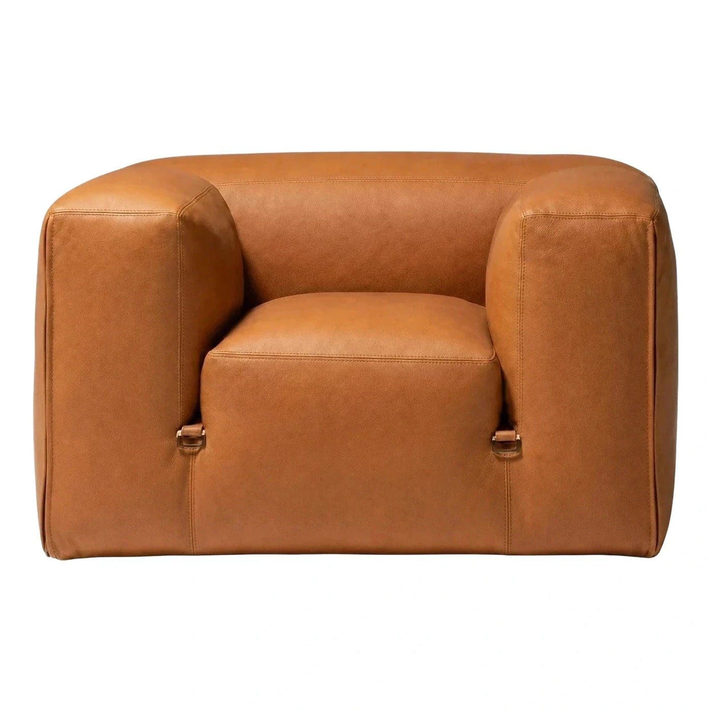 Boxy Tan Leather Armchair with Metal Buckle Accents