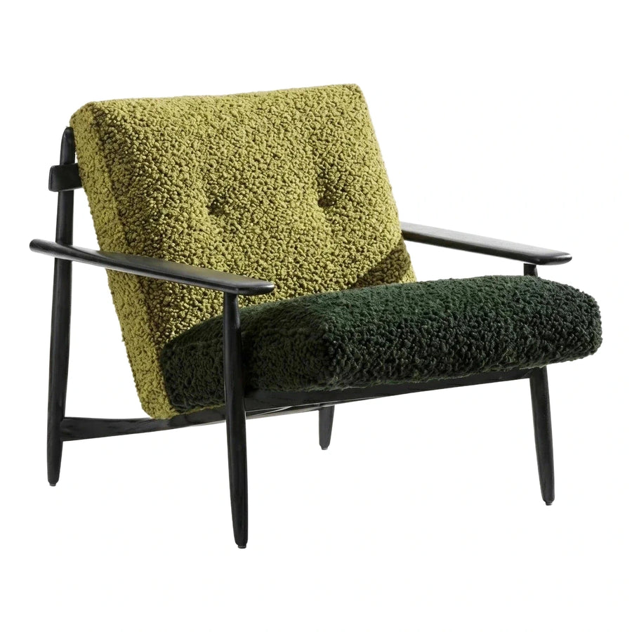 Two-Tone Green Boucle Lounge Chair with Dark Wood Frame