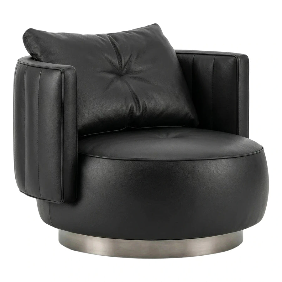Black Leather Swivel Lounge Chair with Tufted Cushion