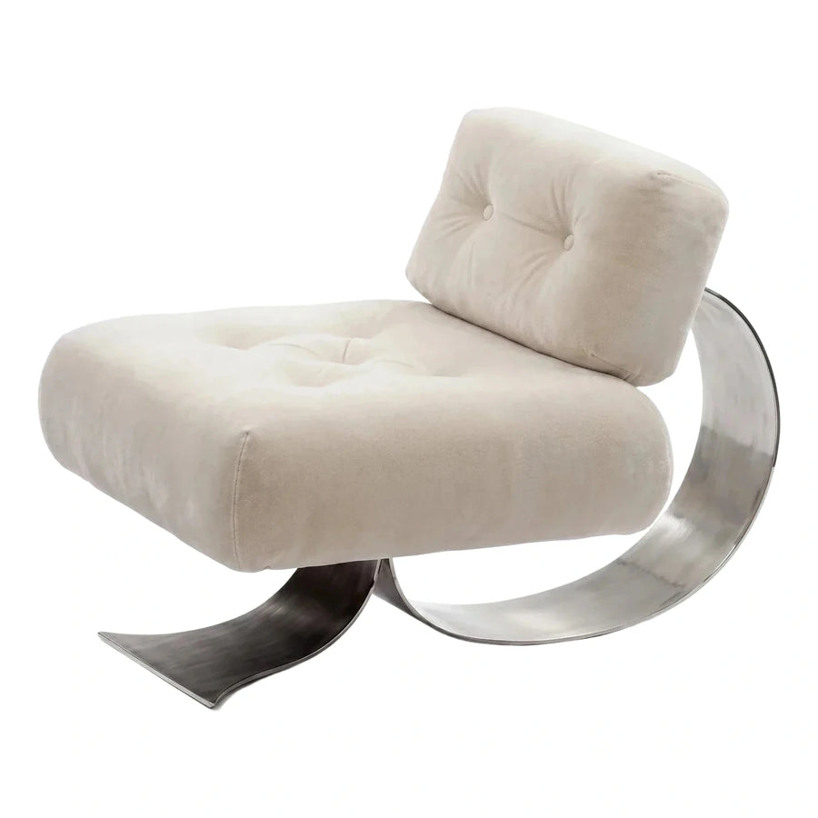 Cream Velvet Tufted Lounge Chair with Curved Metal Base