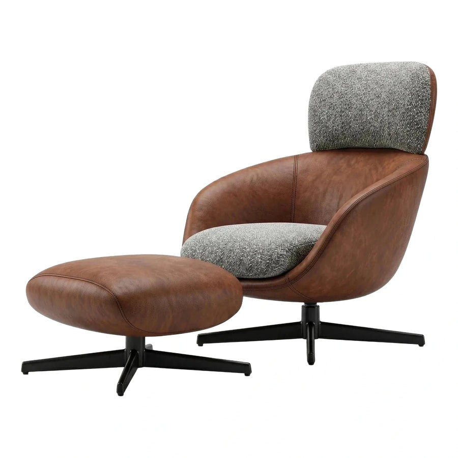 Modern Brown Leather Swivel Lounge Chair and Ottoman