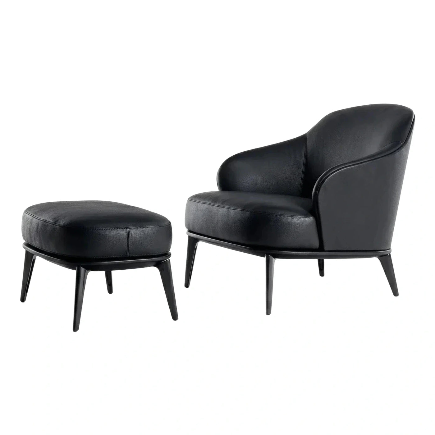 Modern Black Leather Lounge Chair and Ottoman