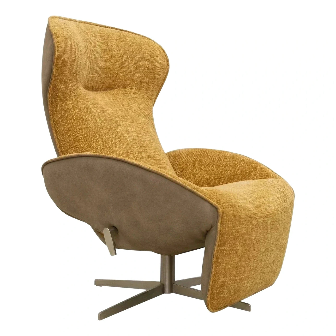Modern Mustard Fabric and Taupe Leather Swivel Armchair