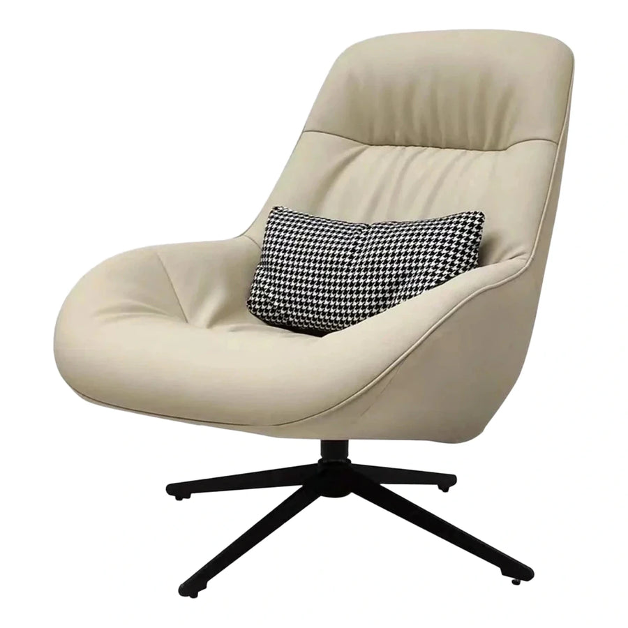 Modern Cream Leather Swivel Lounge Chair with Pillow