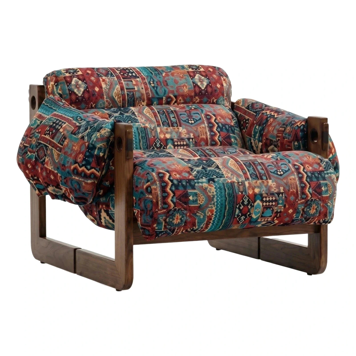 Multicolor Patterned Fabric Armchair with Dark Wood Frame