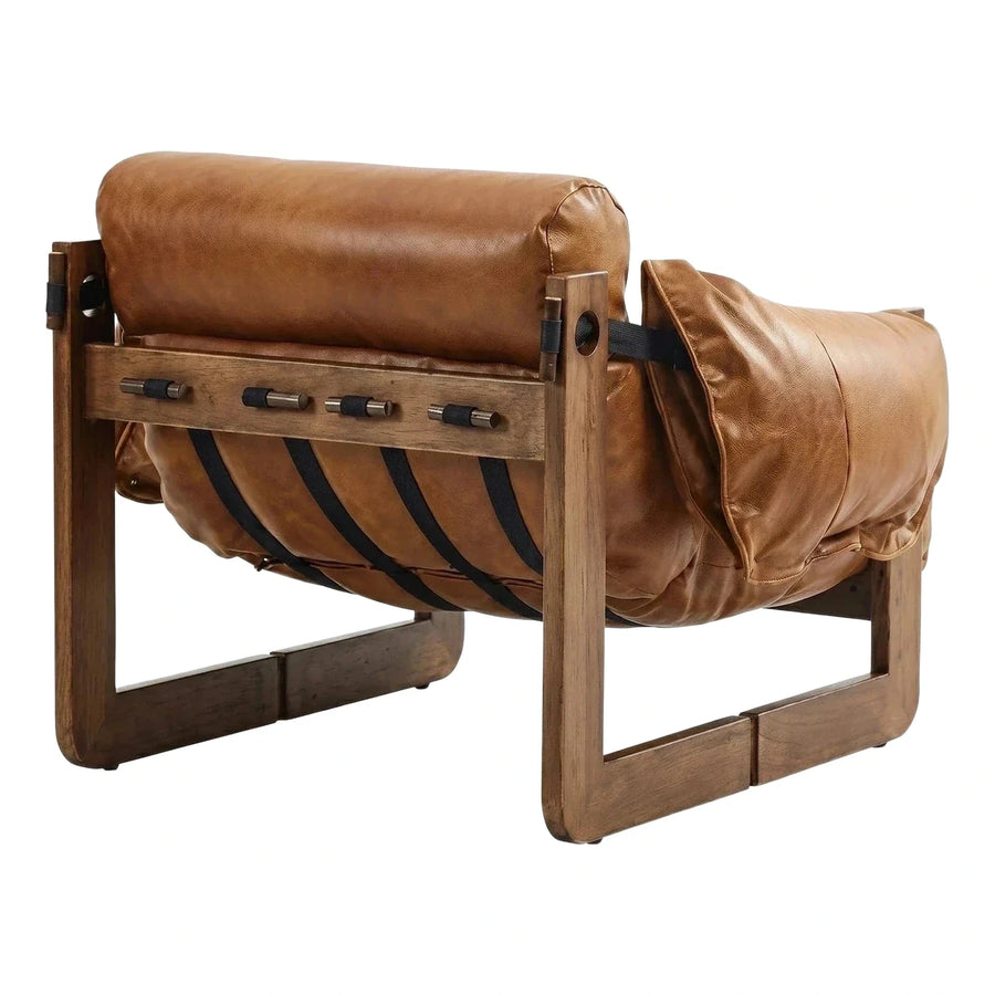 Brown Leather Sling Lounge Chair with Wood Frame