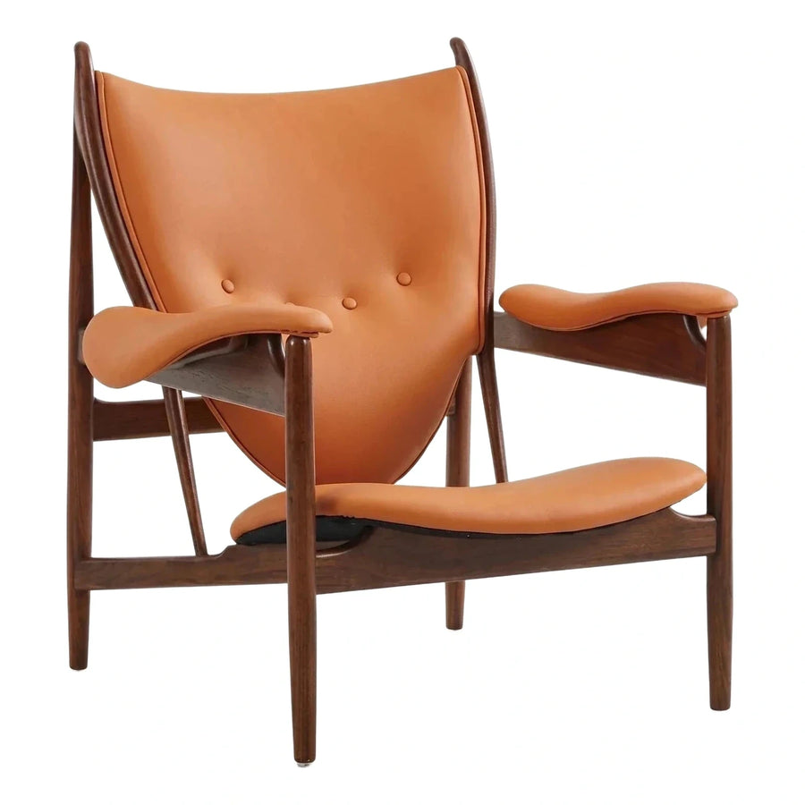 Sculptural High Back Leather Armchair with Dark Wood