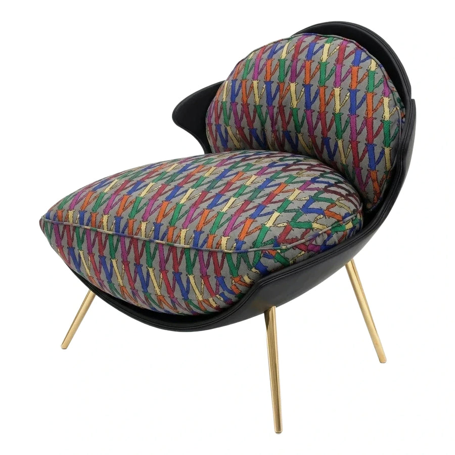 Black Shell Lounge Chair with Multi-Color Patterned Fabric