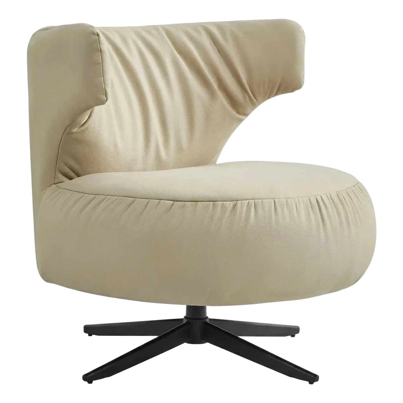 Cream Leather Swivel Lounge Chair with Black Base