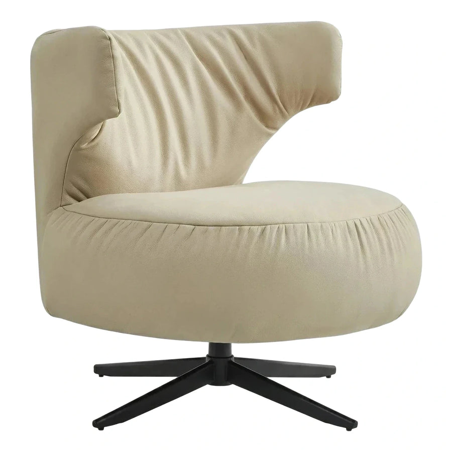Cream Leather Swivel Lounge Chair with Black Base