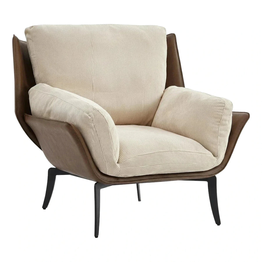 Modern Cream Corduroy Armchair with Brown Leather Shell