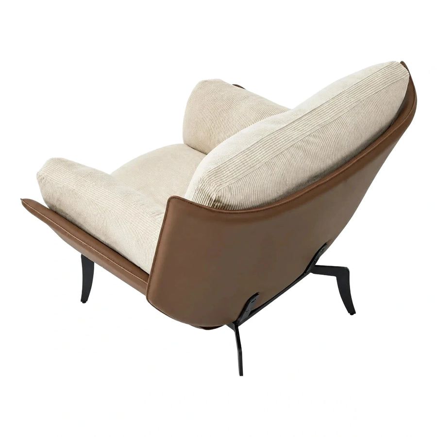 Modern Brown Leather and Cream Corduroy Lounge Chair