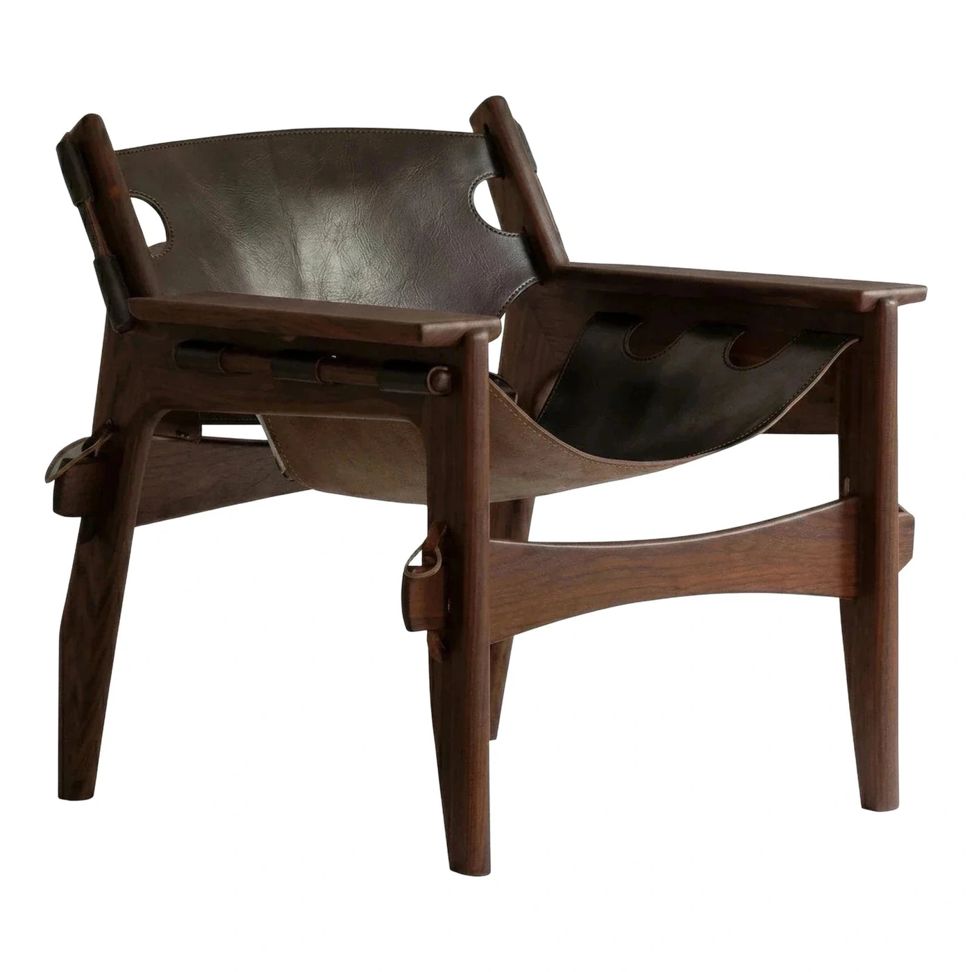 Dark Wood Frame Leather Sling Lounge Chair