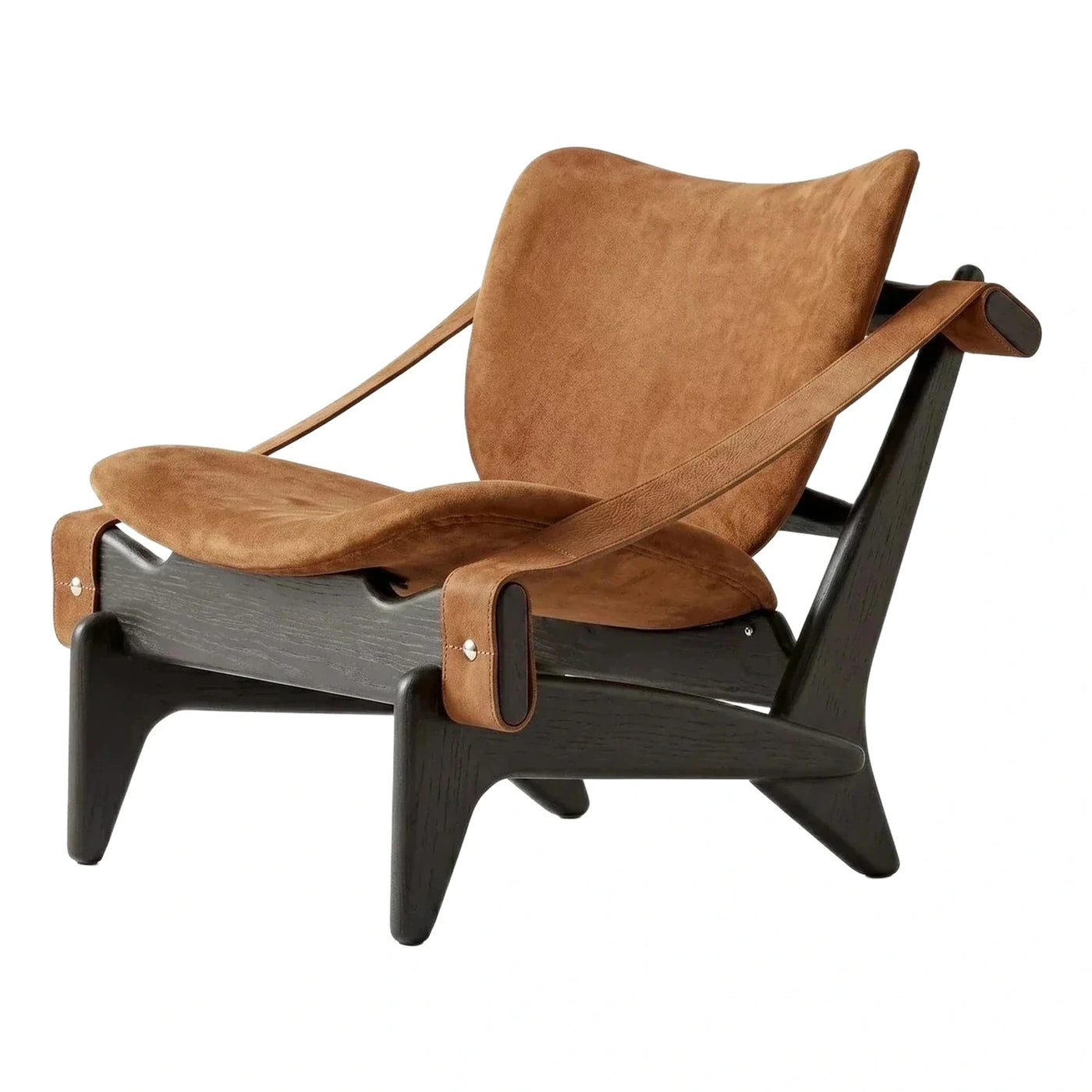 Modern Dark Wood Tan Leather Sling Lounge Chair