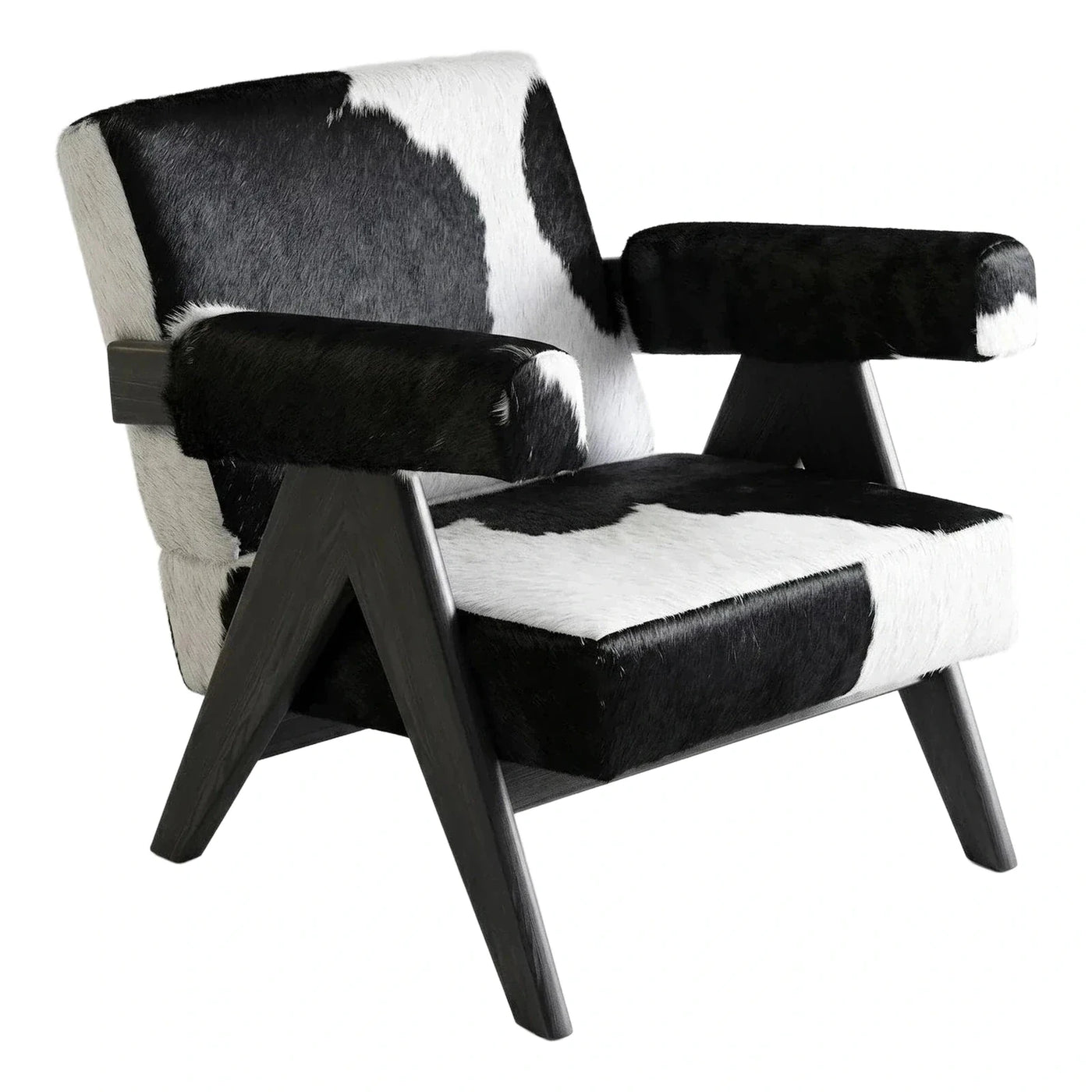Modern Black and White Cowhide Lounge Chair with Wood Frame