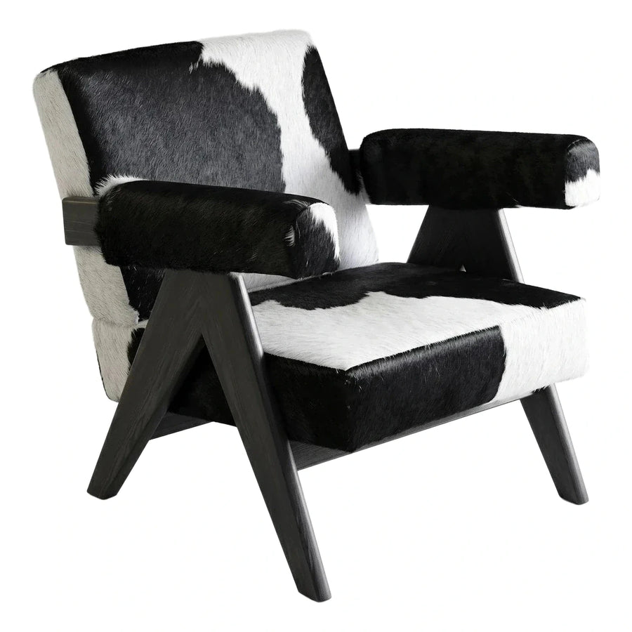 Modern Black and White Cowhide Lounge Chair with Wood Frame