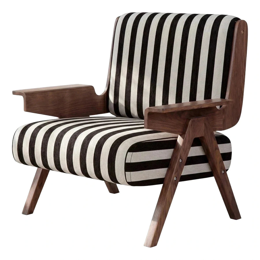 Striped Fabric Lounge Chair with Wooden Frame
