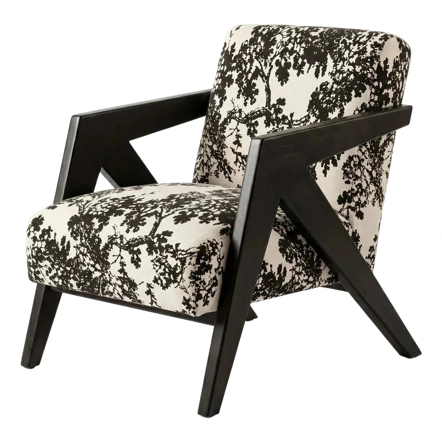 Angular Black Wood Armchair with Botanical Fabric