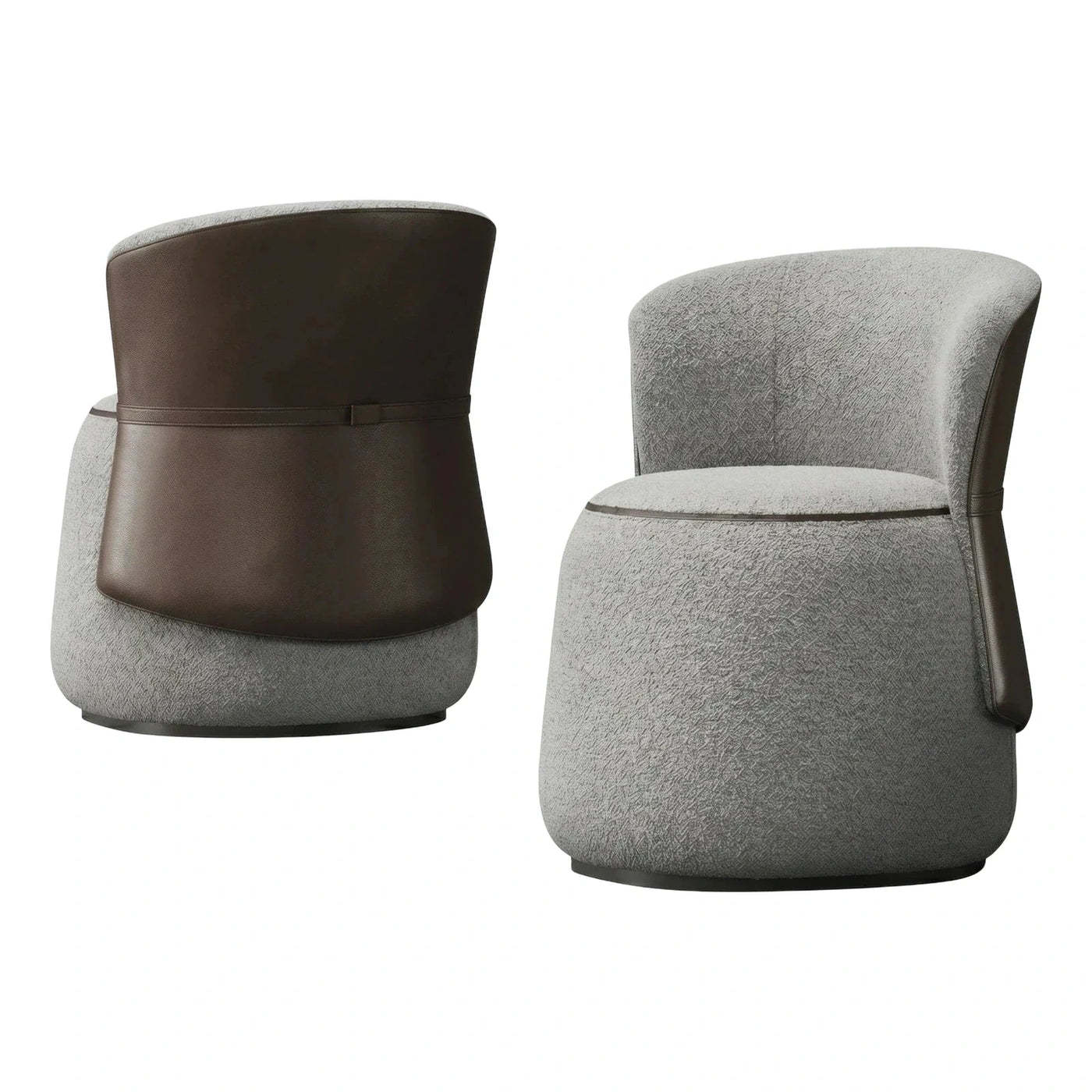Modern Grey Boucle and Brown Leather Swivel Armchair