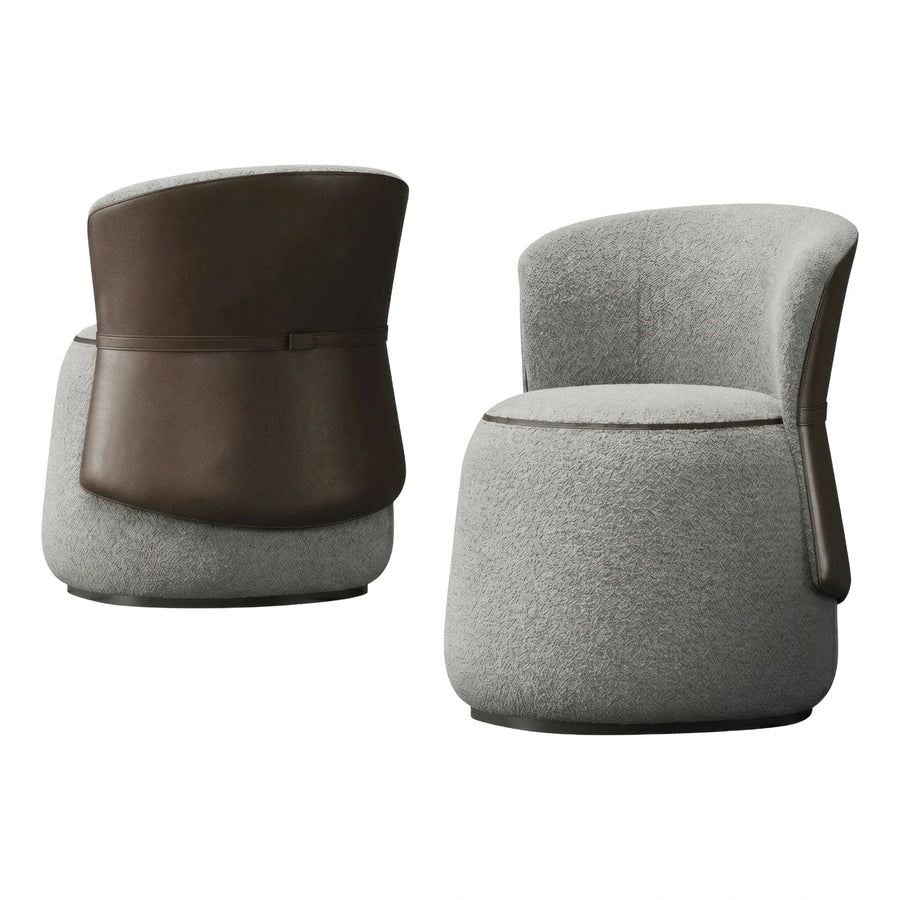 Modern Grey Boucle and Brown Leather Swivel Armchair