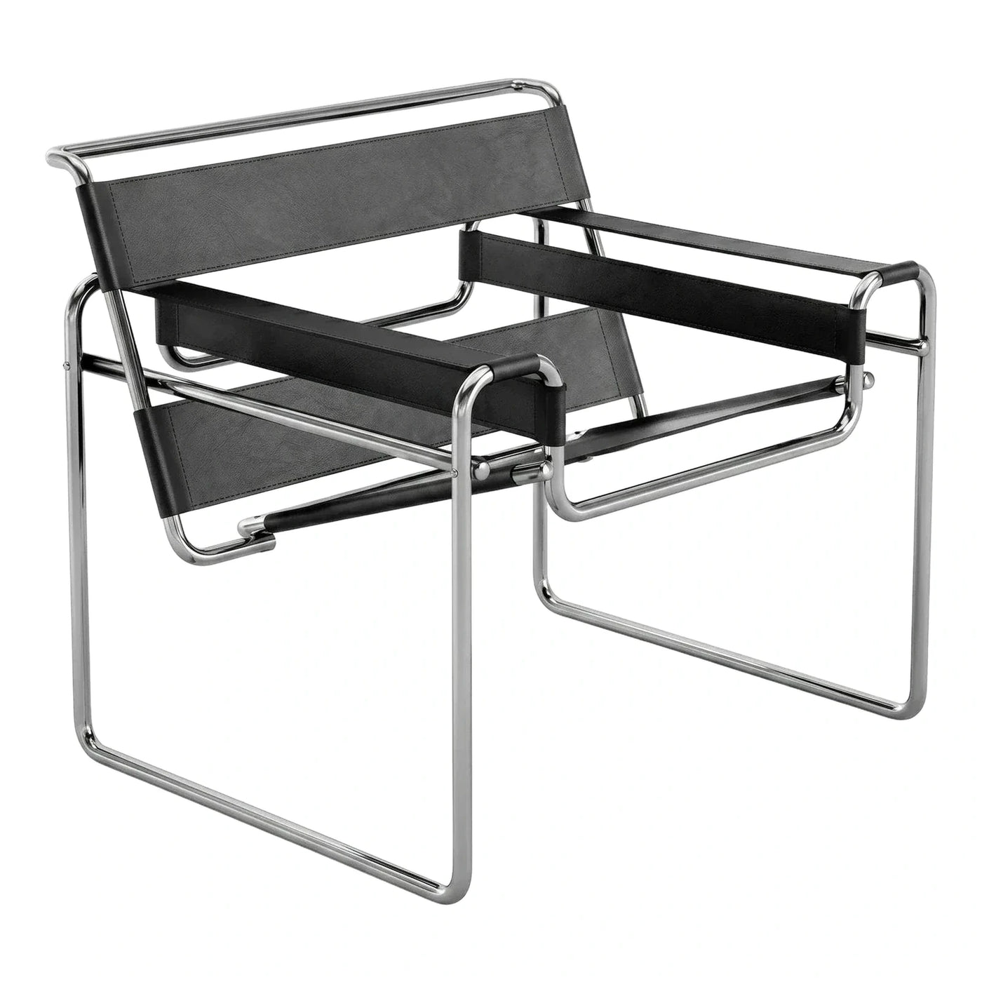 Modern Black Leather Strap Lounge Chair Chrome Frame