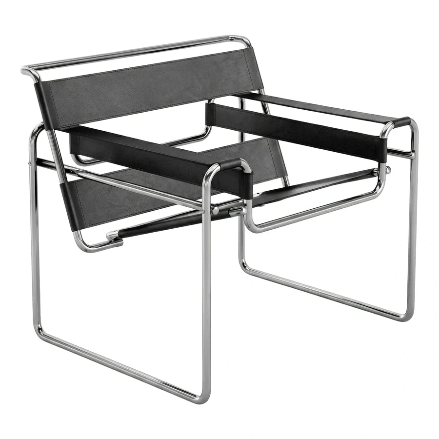 Modern Black Leather Strap Lounge Chair Chrome Frame