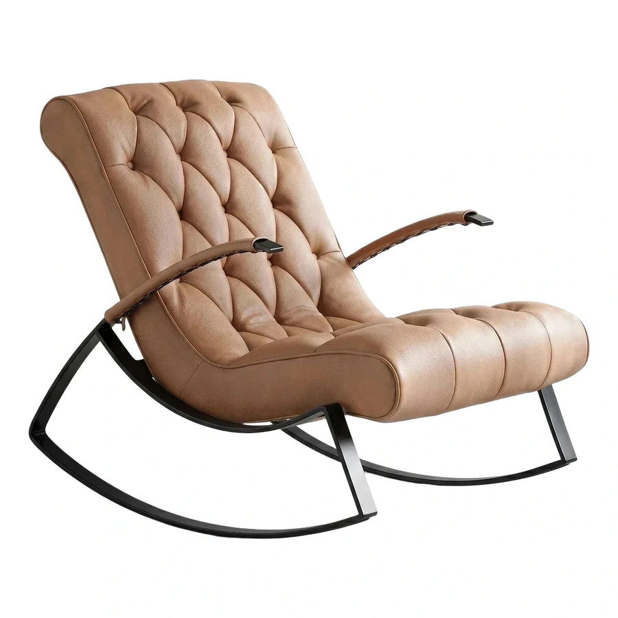 Modern Tan Leather Tufted Rocking Lounge Chair
