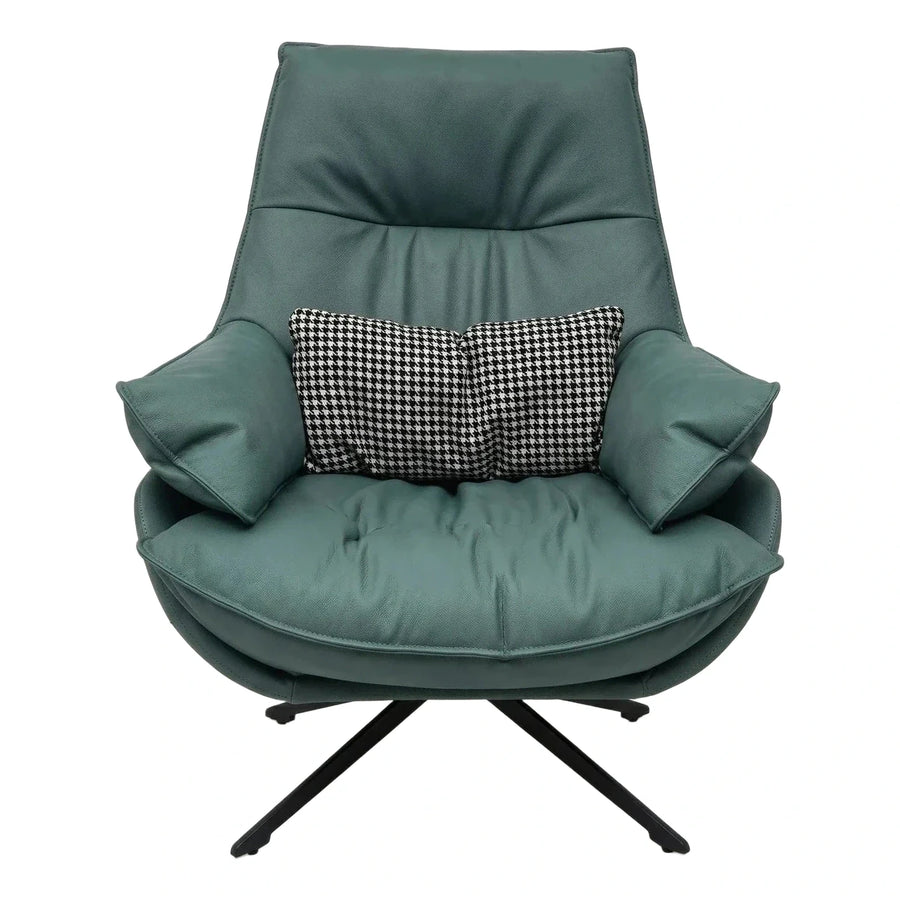 Green Leather Swivel Lounge Chair with Houndstooth Pillow