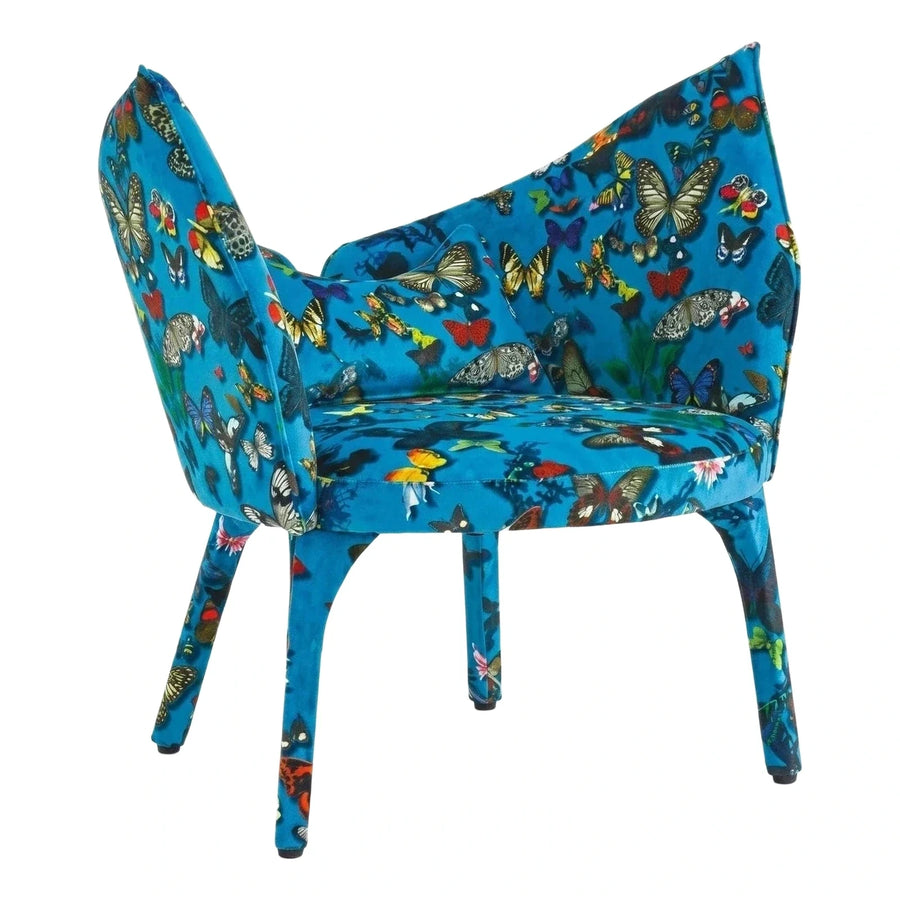 Blue Butterfly Print Velvet Upholstered Accent Armchair