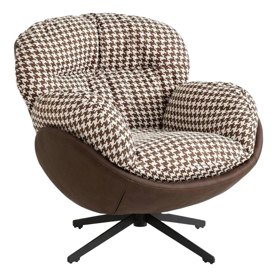 Brown Houndstooth Swivel Lounge Chair with Leather Shell