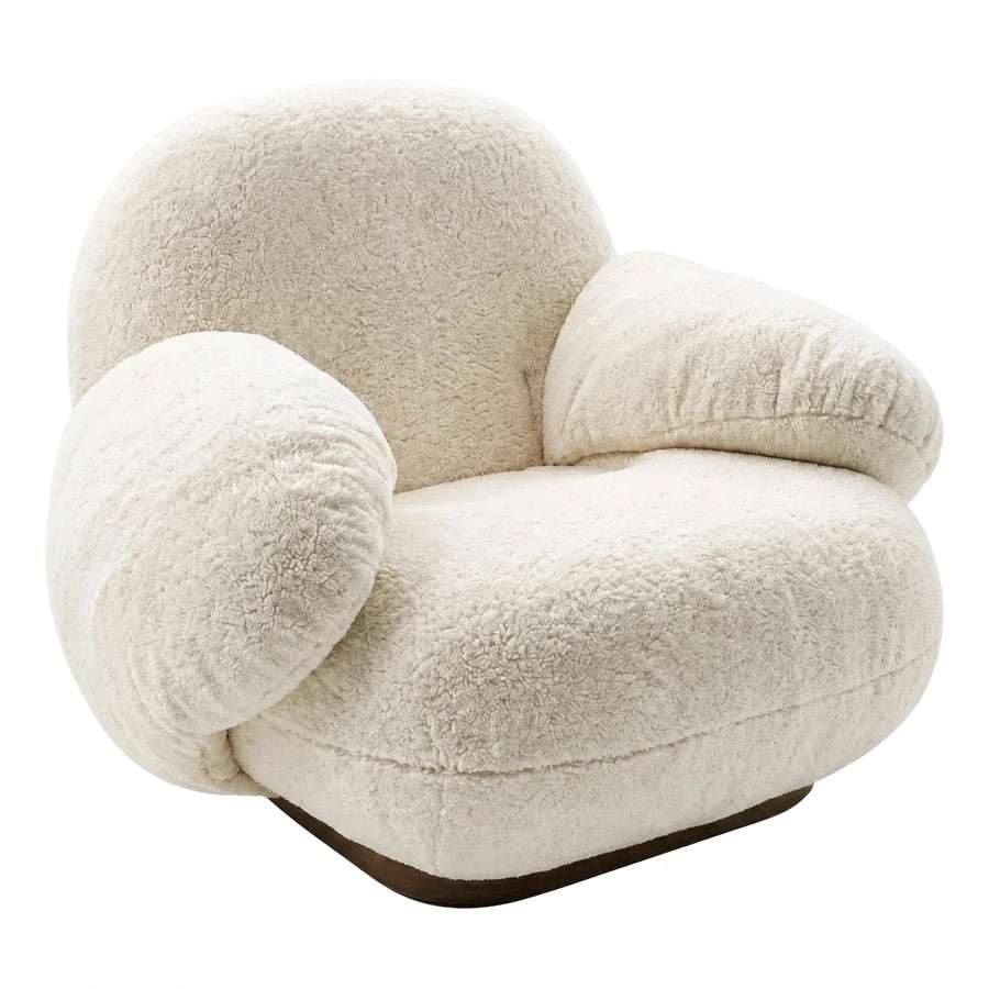 Modern Cream Boucle Lounge Chair with Wooden Base