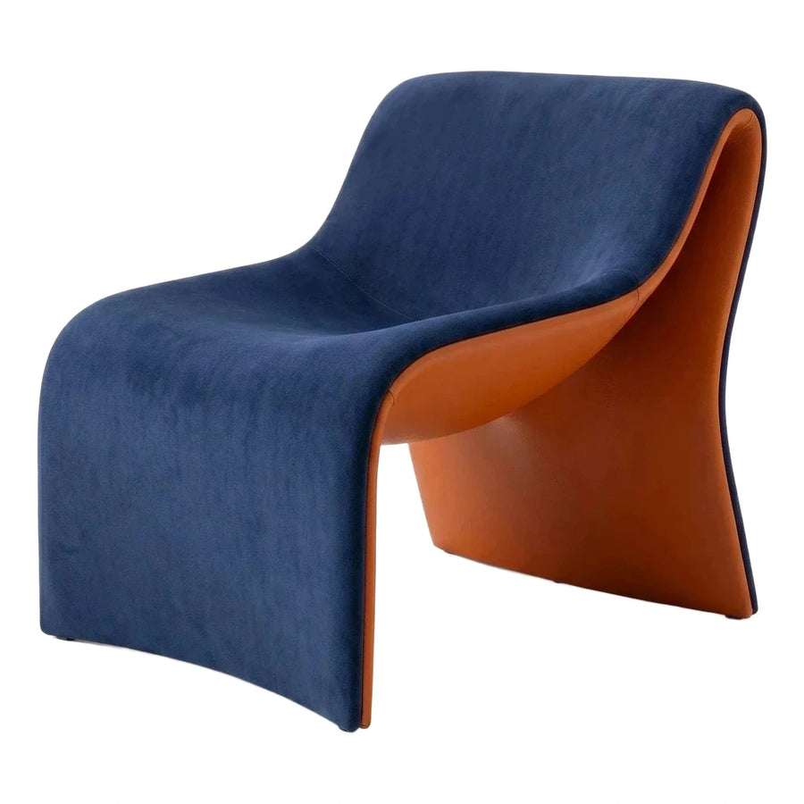 Modern Blue Velvet and Leather Curved Lounge Chair