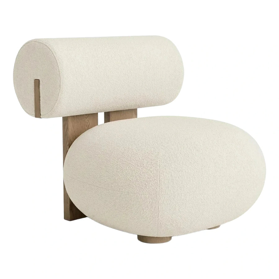 Cream Boucle Oval Lounge Chair with Wood Base