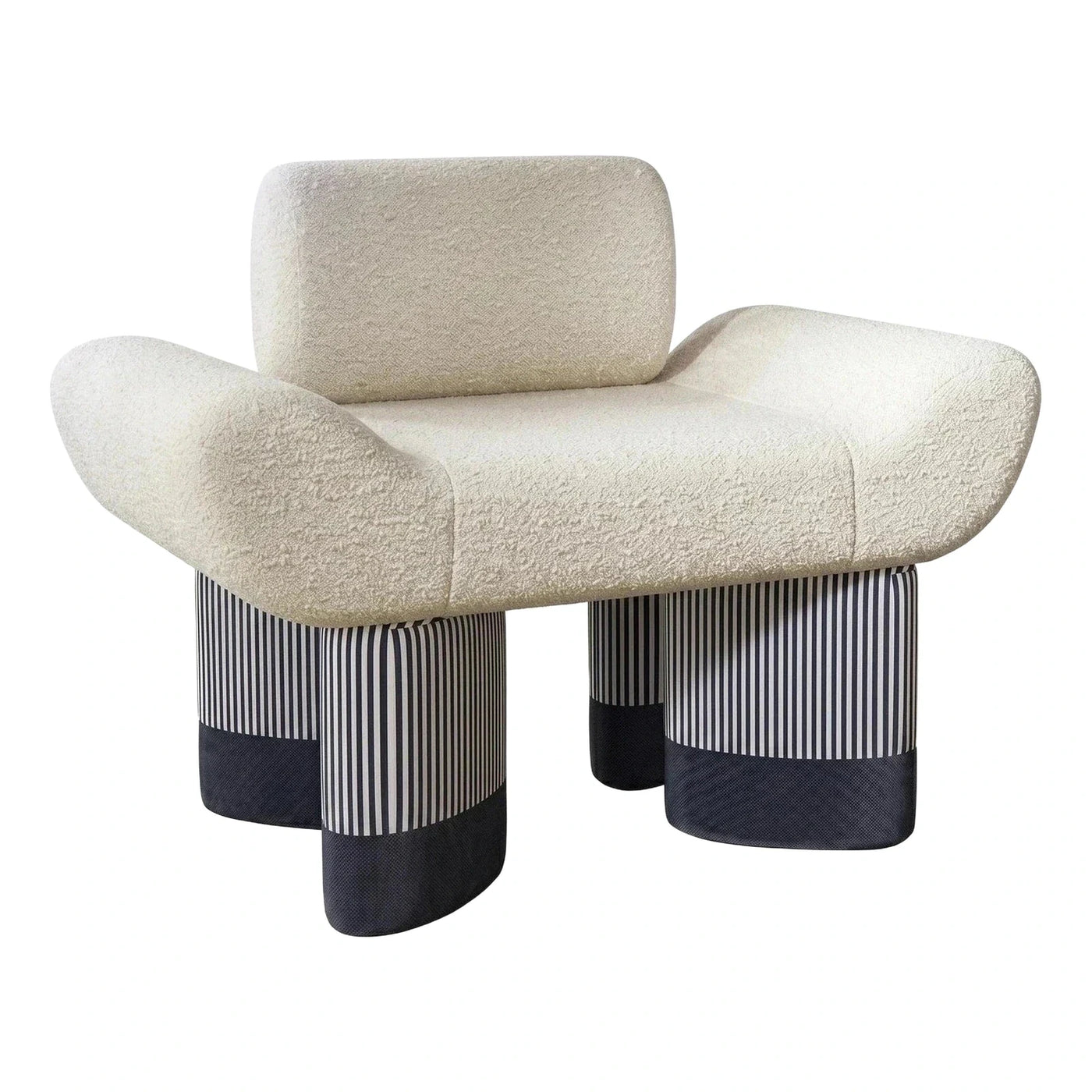 Cream Bouclé Armchair with Striped Cylindrical Legs