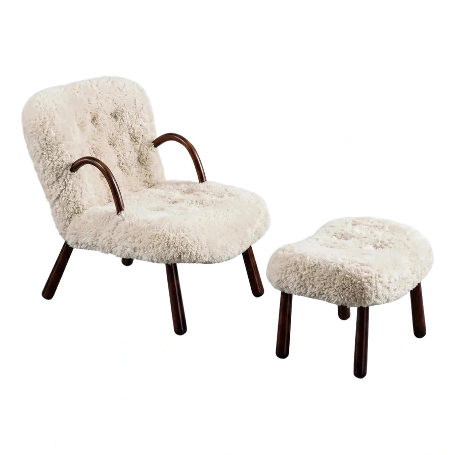 Cream Boucle Lounge Chair and Ottoman Set