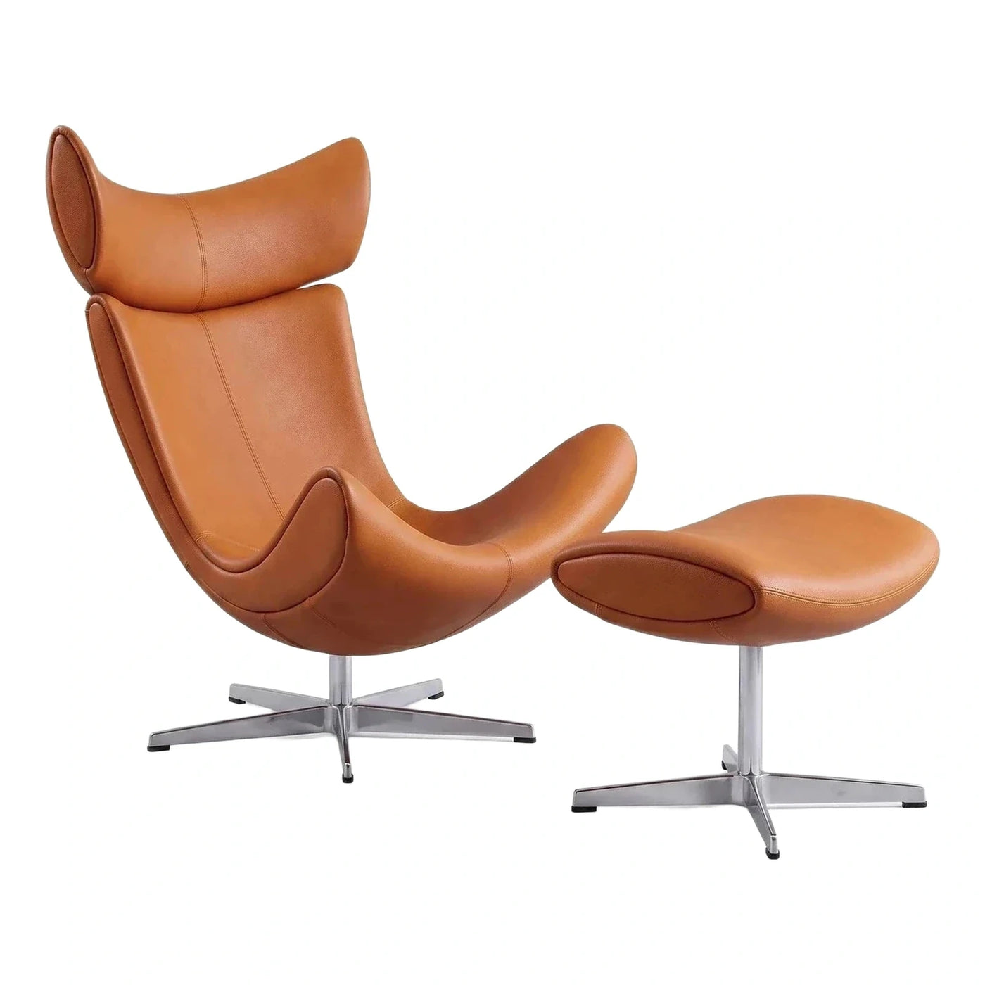 Modern Tan Leather Lounge Chair and Ottoman Set