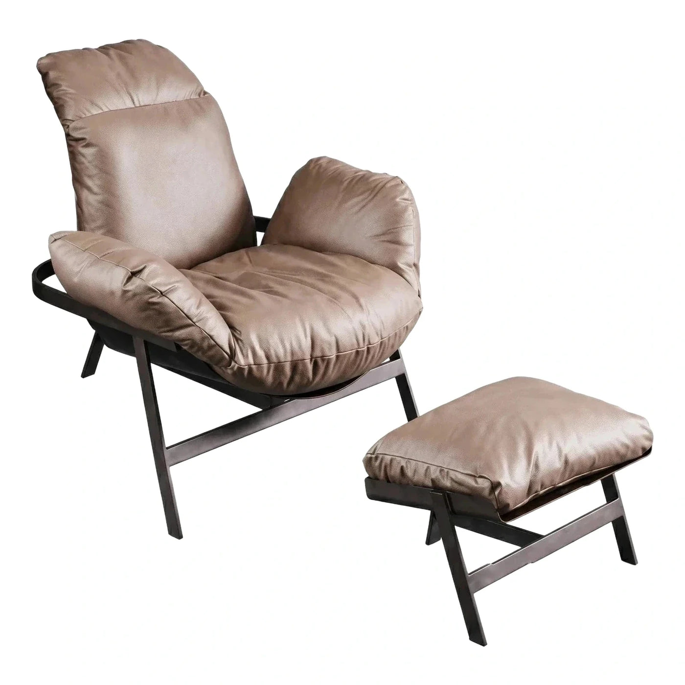 Modern Taupe Leather Lounge Chair with Ottoman