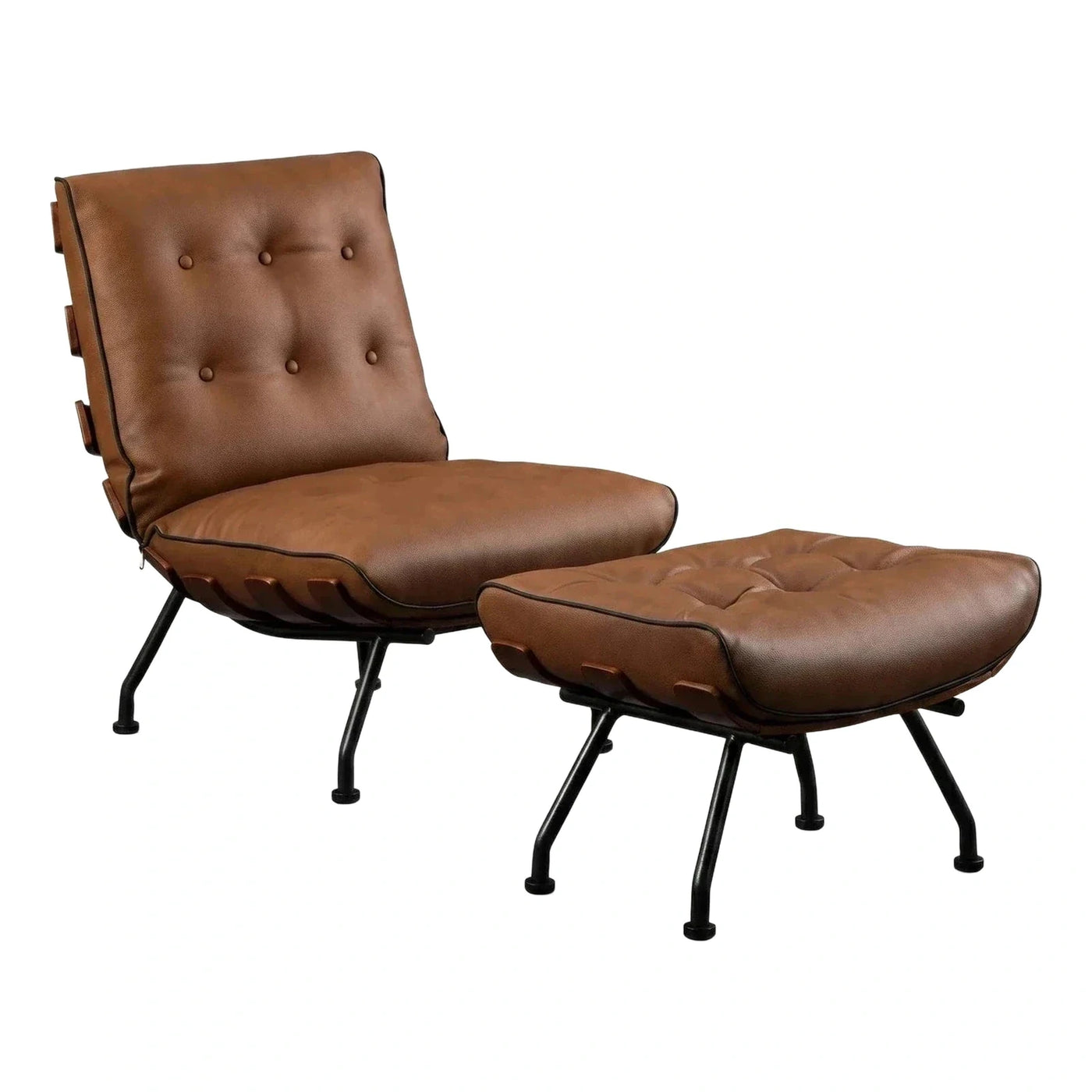Brown Leather Lounge Chair and Ottoman Set
