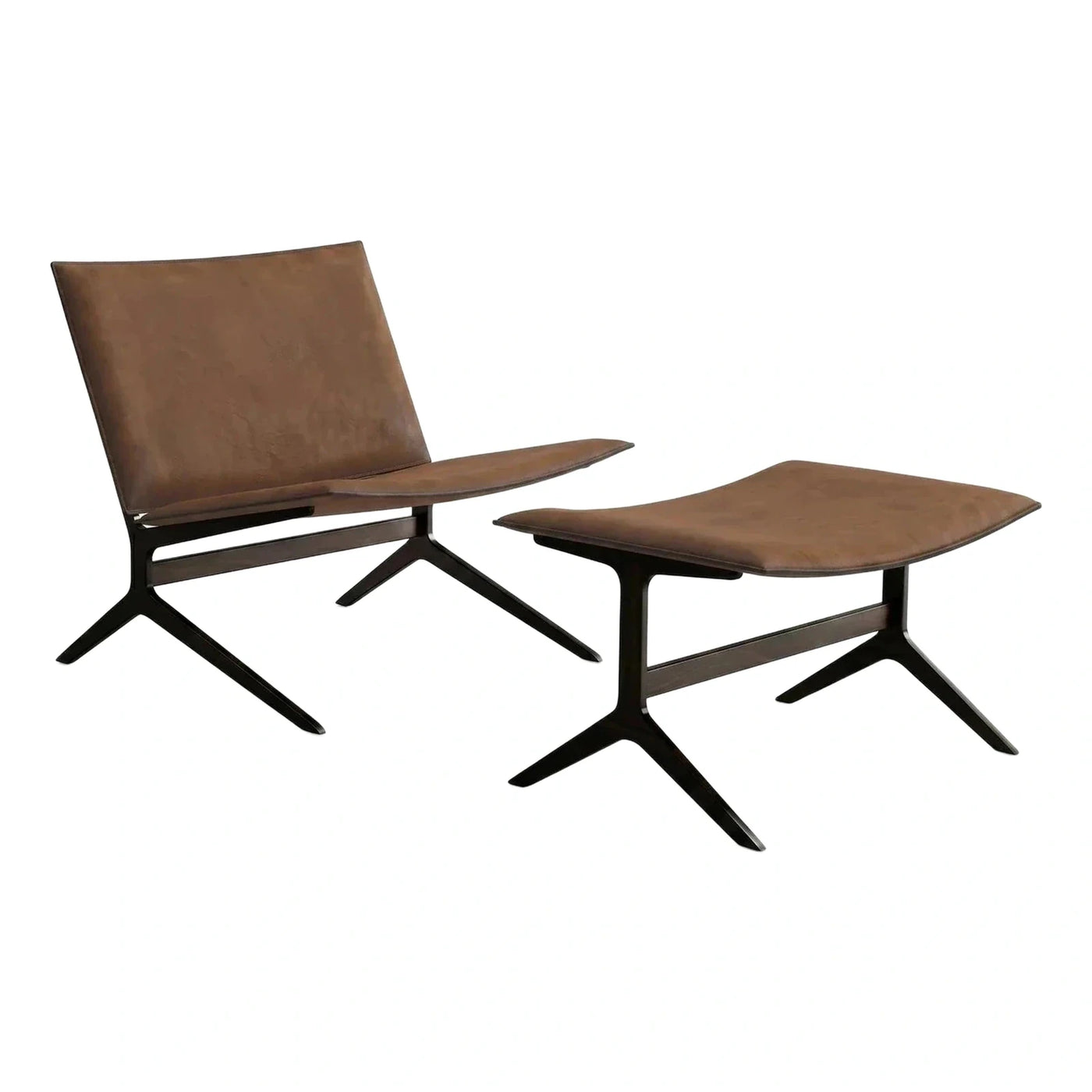 Modern Brown Leather Lounge Chair with Ottoman