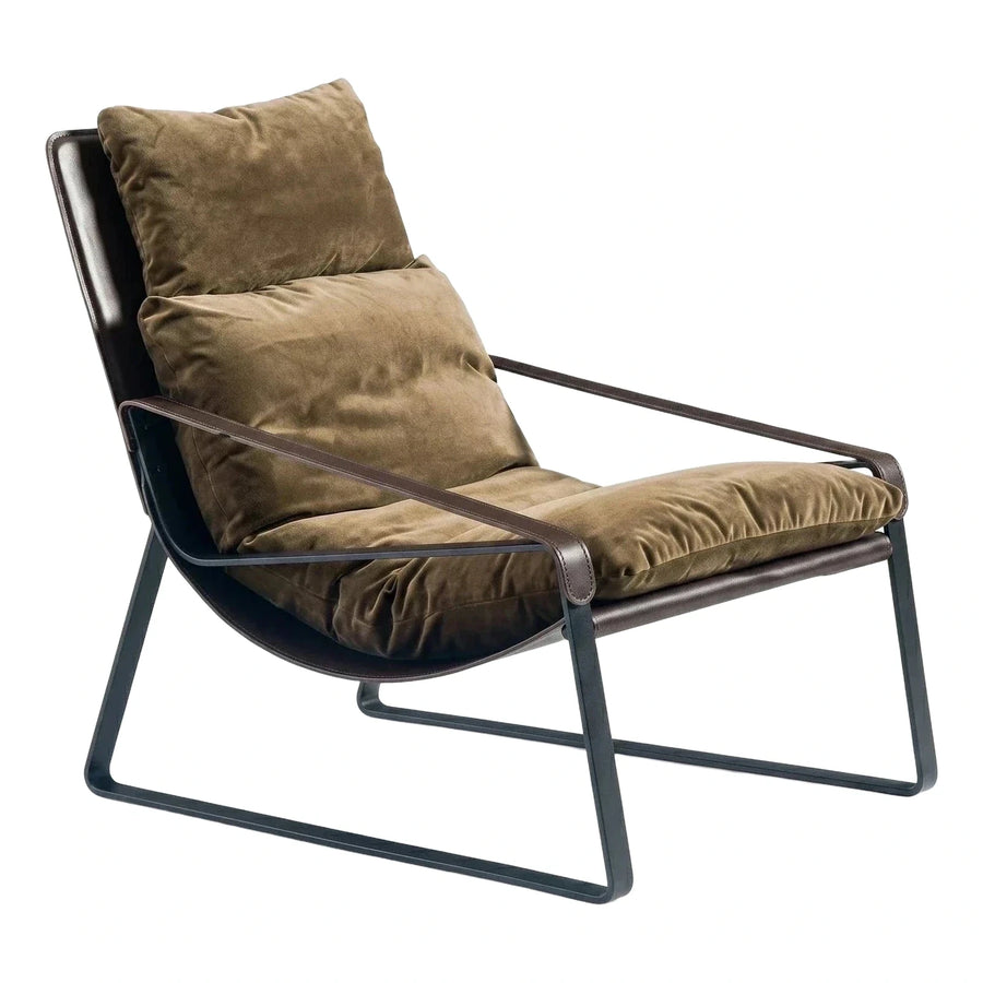 Modern Olive Velvet Lounge Chair with Leather Sling