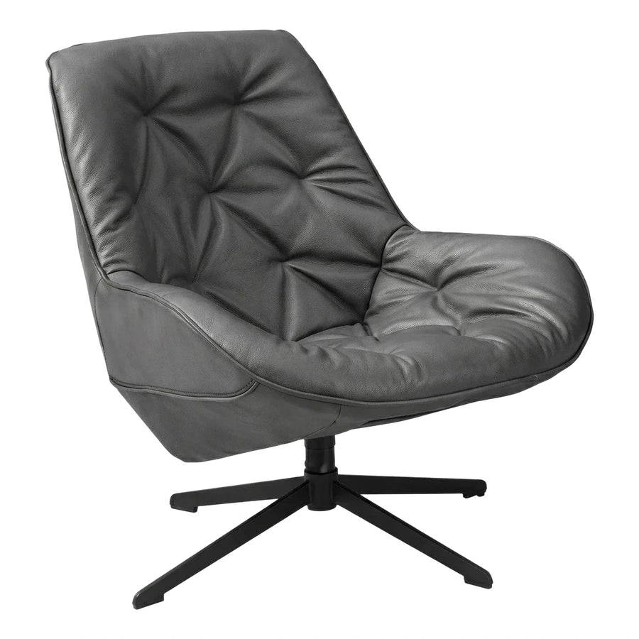 Grey Tufted Leather Swivel Lounge Chair