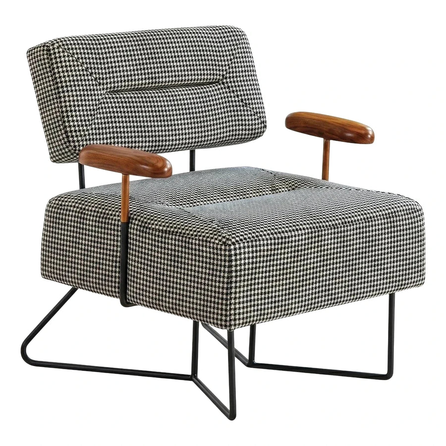 Modern Houndstooth Fabric Armchair with Wooden Armrests