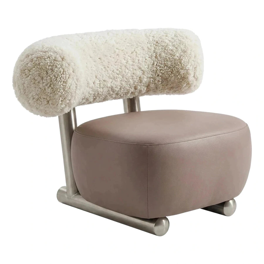 Modern Cream Boucle and Taupe Leather Lounge Chair