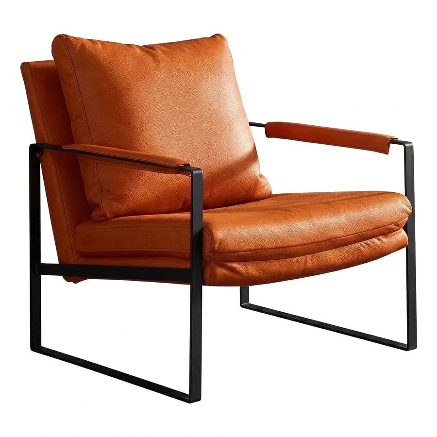 Modern Orange Leather Armchair with Black Metal Frame