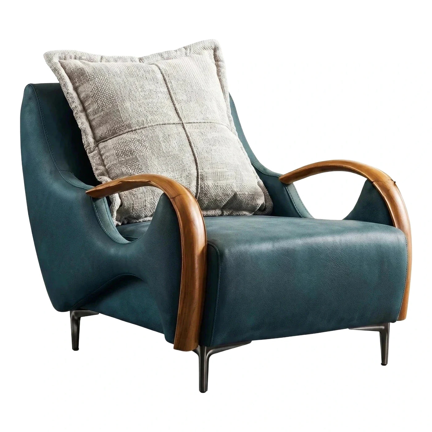 Teal Leather Lounge Chair with Curved Wood Arms