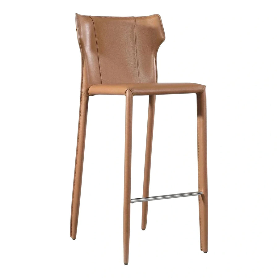 Modern Tan Leather Bar Stool with Metal Footrest