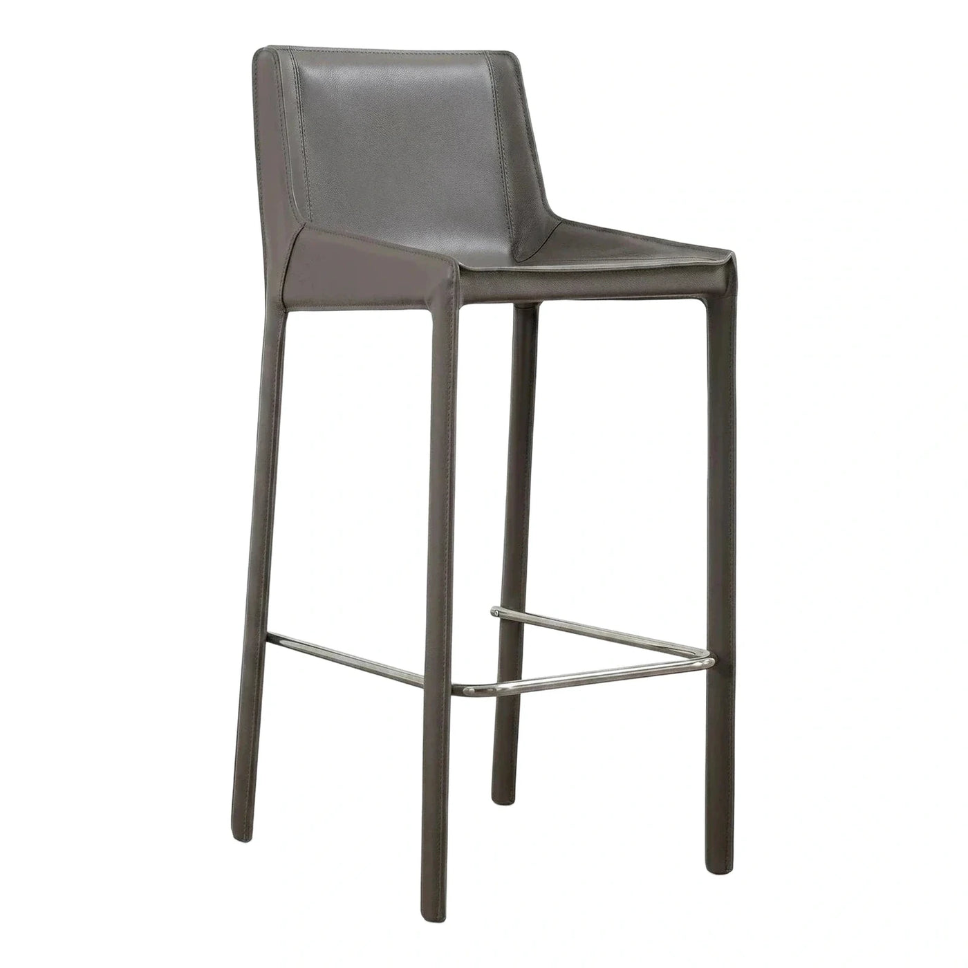 Modern Grey Leather Bar Stool with Metal Footrest