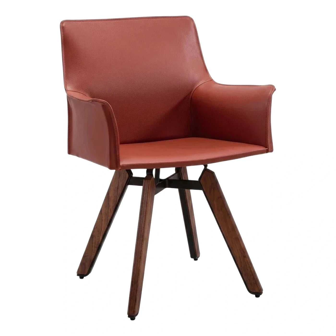 Modern Cognac Leather Dining Chair with Wood Legs